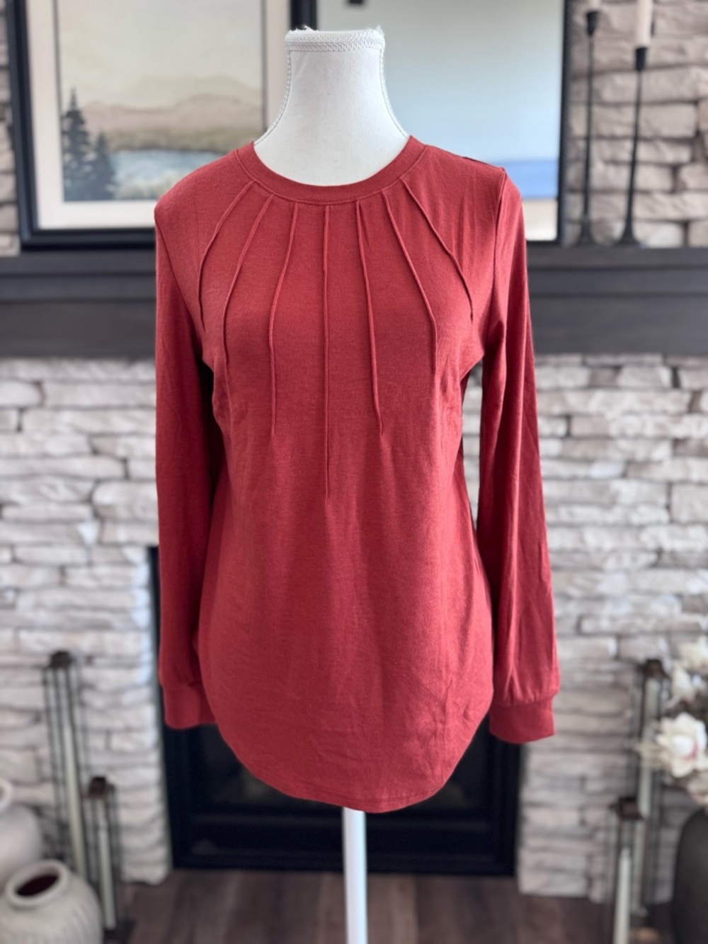 NEW WITH TAGS Women's Small Long-Sleeve Pleated Front Top in Rust